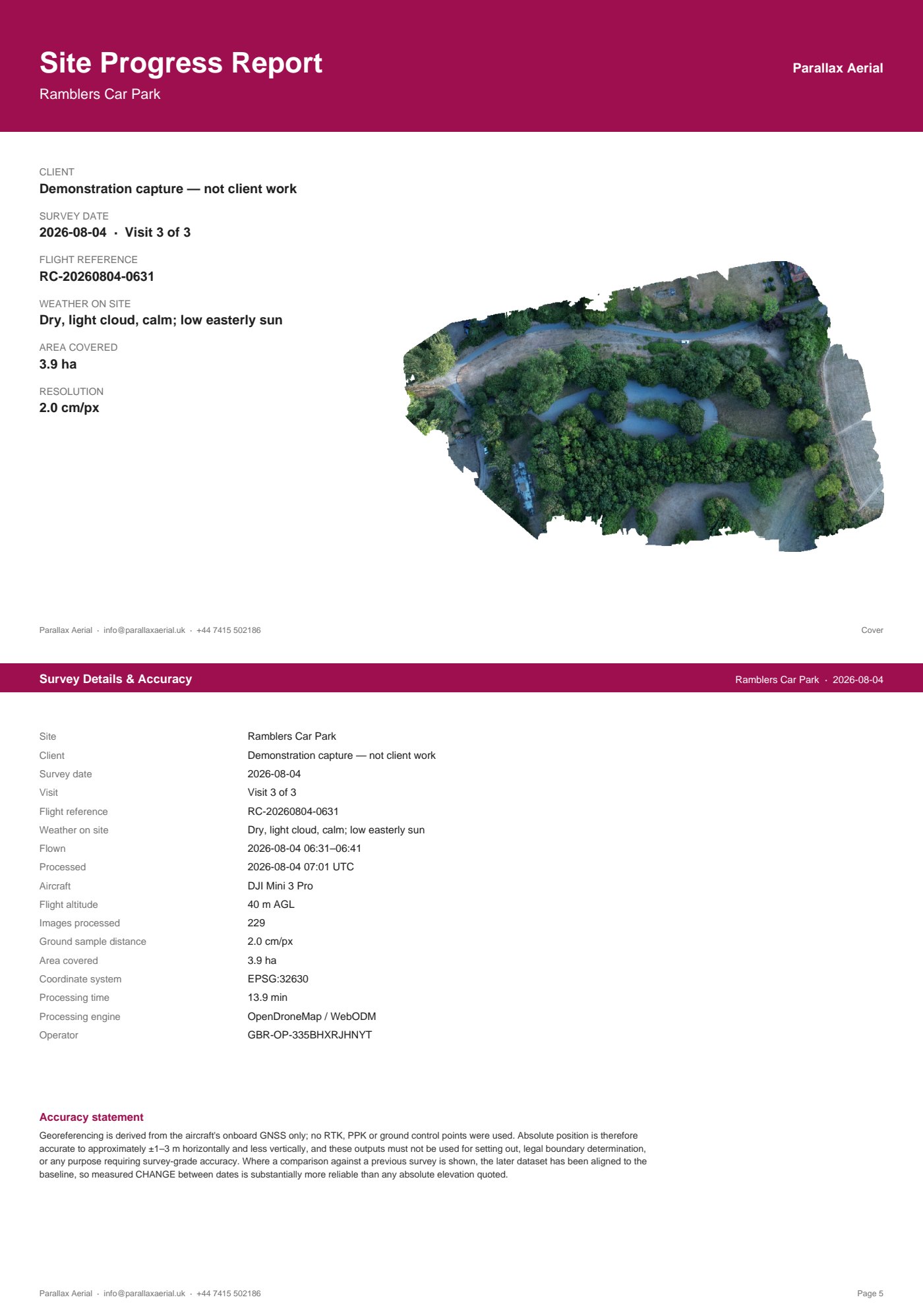 Two pages from the delivered PDF pack: the cover sheet, and the survey details and accuracy statement.